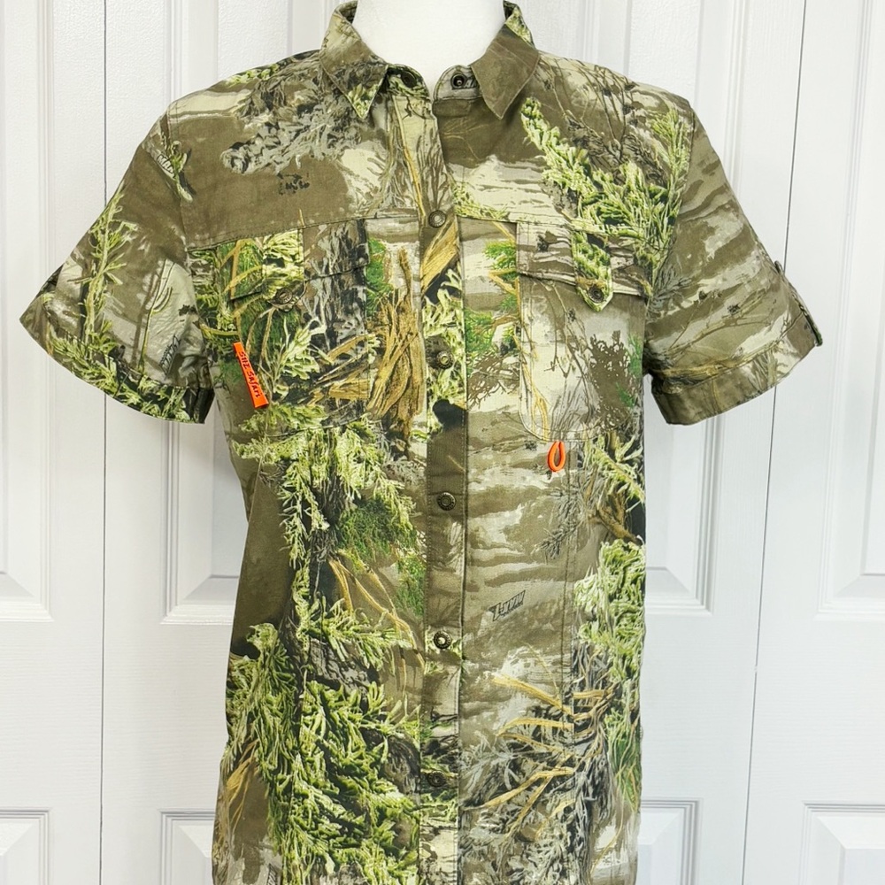 SHE Safari Expedition Green Camo Ventilated Short Sleeve Snap Front Shirt